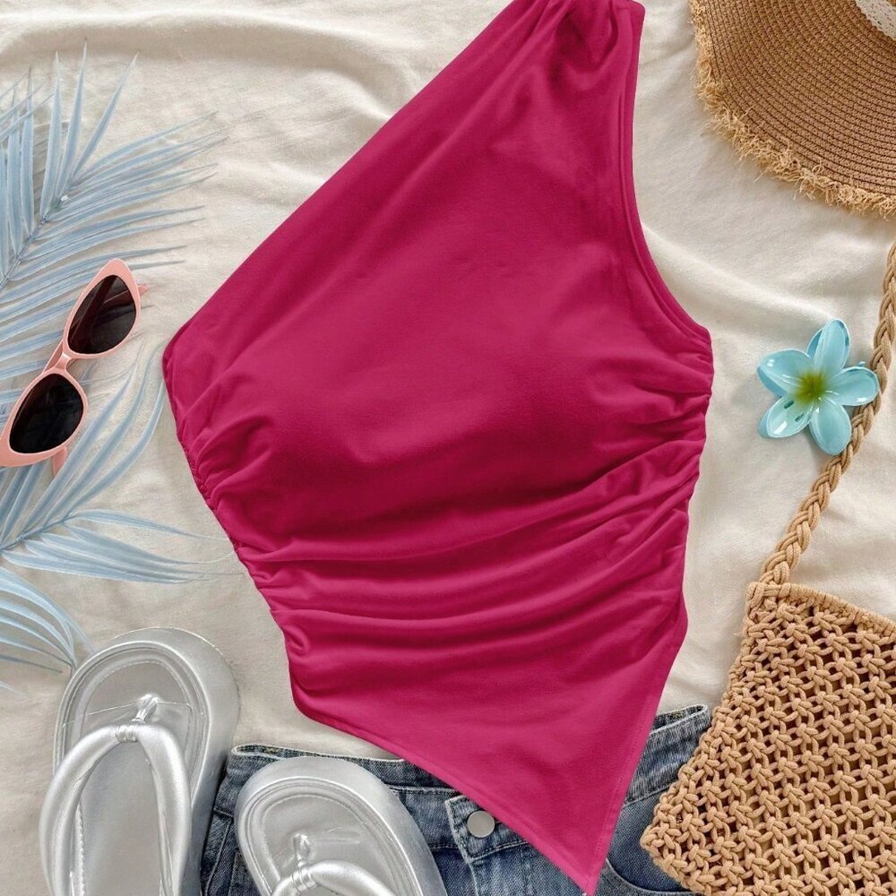 Multicolor Casual Women's Asymmetric Hem Asymmetrical Shoulder Top